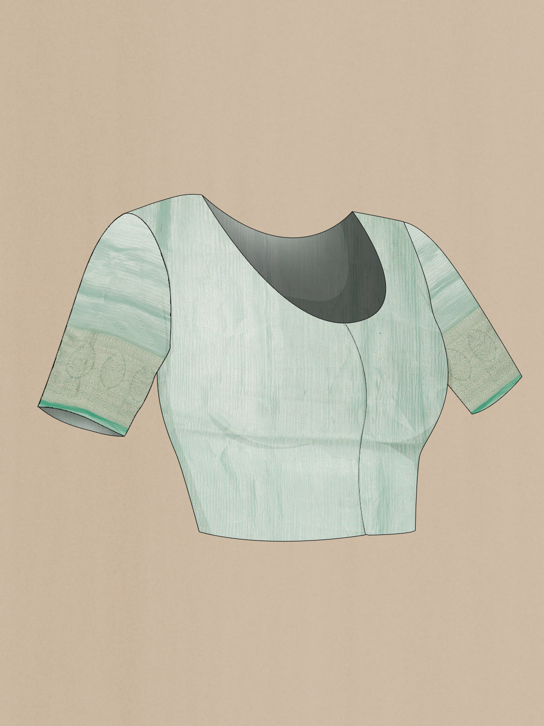 Close up image of the blouse of Sea Green Dual Tone Organza Silk Saree with Plain Body and Zari Border. 