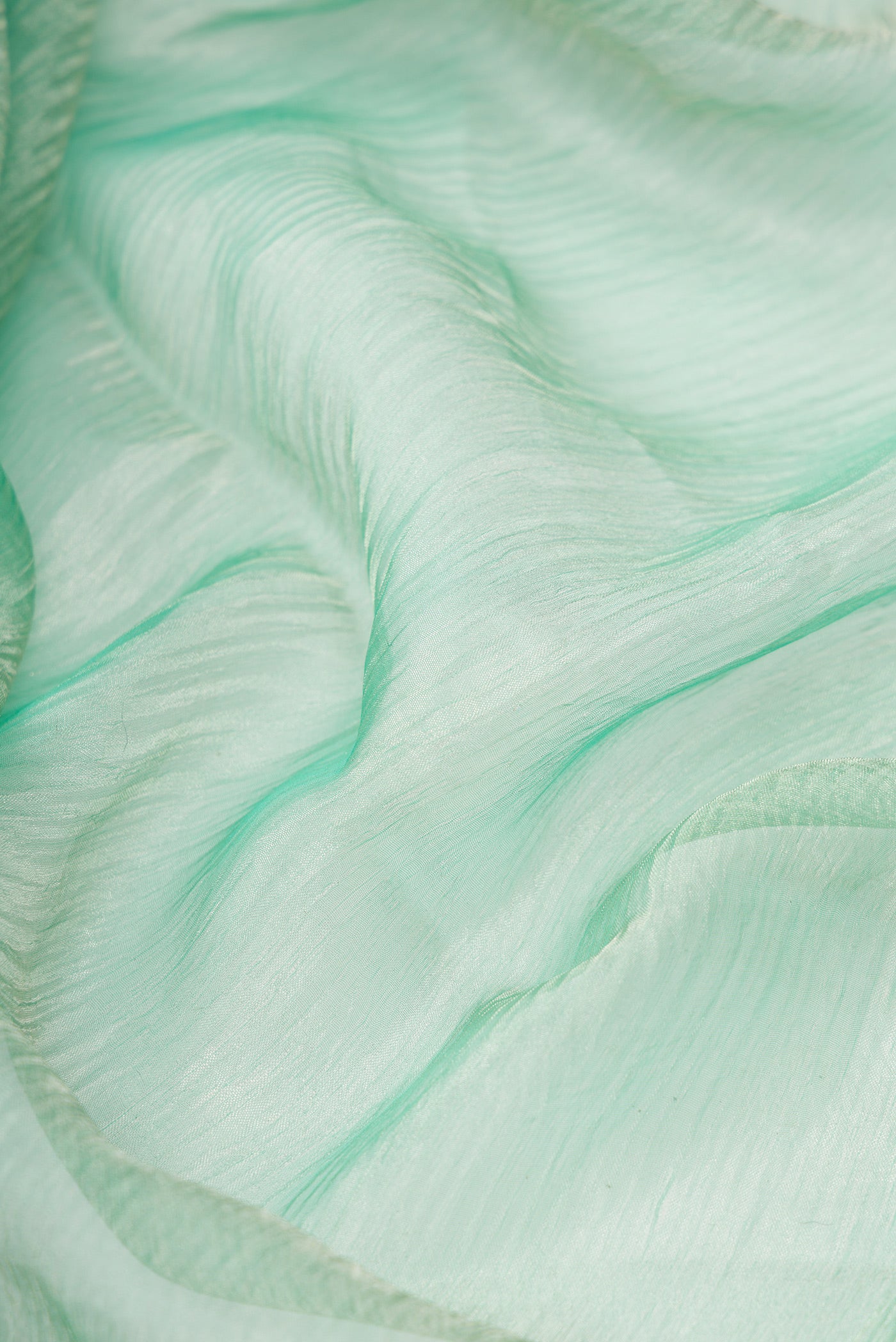 Close up of Sea Green Dual Tone Organza Silk Saree with Plain Body and Zari Border.  displaying folds