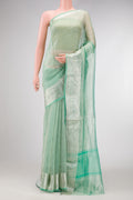 Sea Green Dual Tone Organza Silk Saree with Plain Body and Zari Border.  displayed on a mannequin
