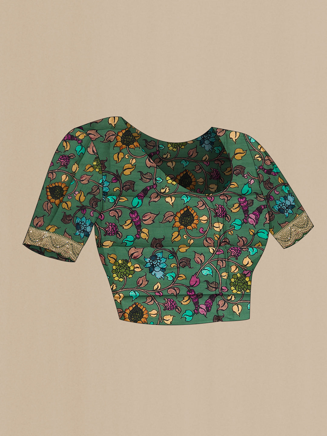 Close up image of the blouse of Green Dual Tone Organza Silk Saree with Plain Body and Embroidery Border. 