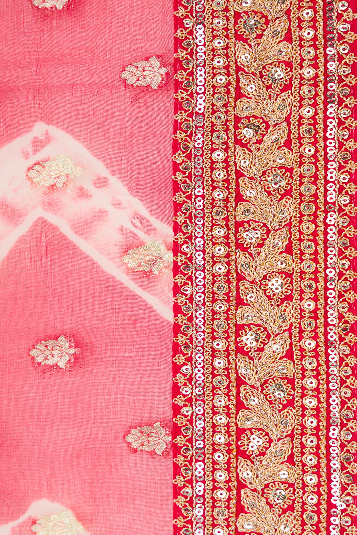 Border image of Red Dual Tone Organza Silk Saree with Zari Butta on the body and Embroidery Border. 