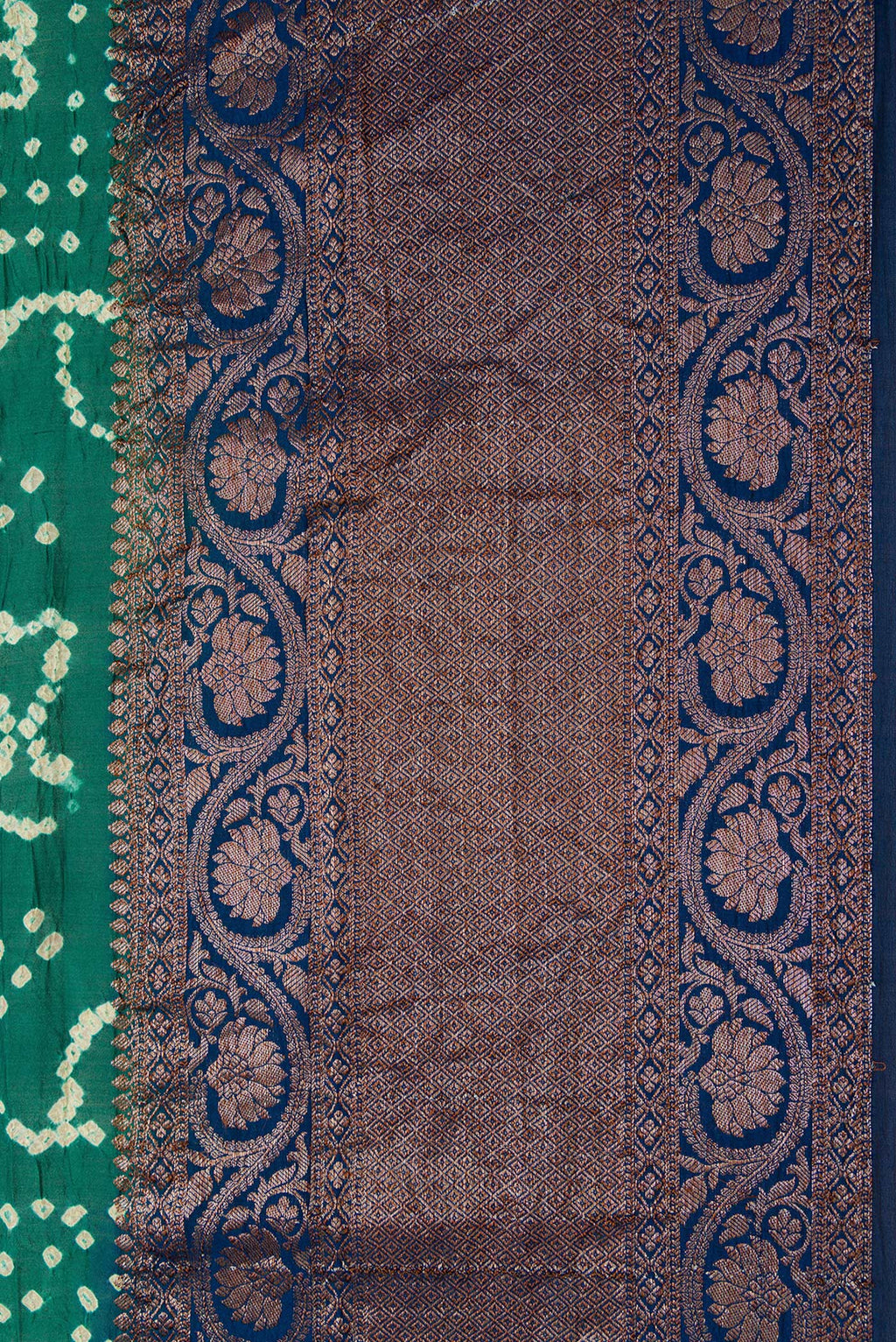 Border image of Green Dual Tone Bandhani Silk Saree with Bandhani Print on the body and Zari Border. 