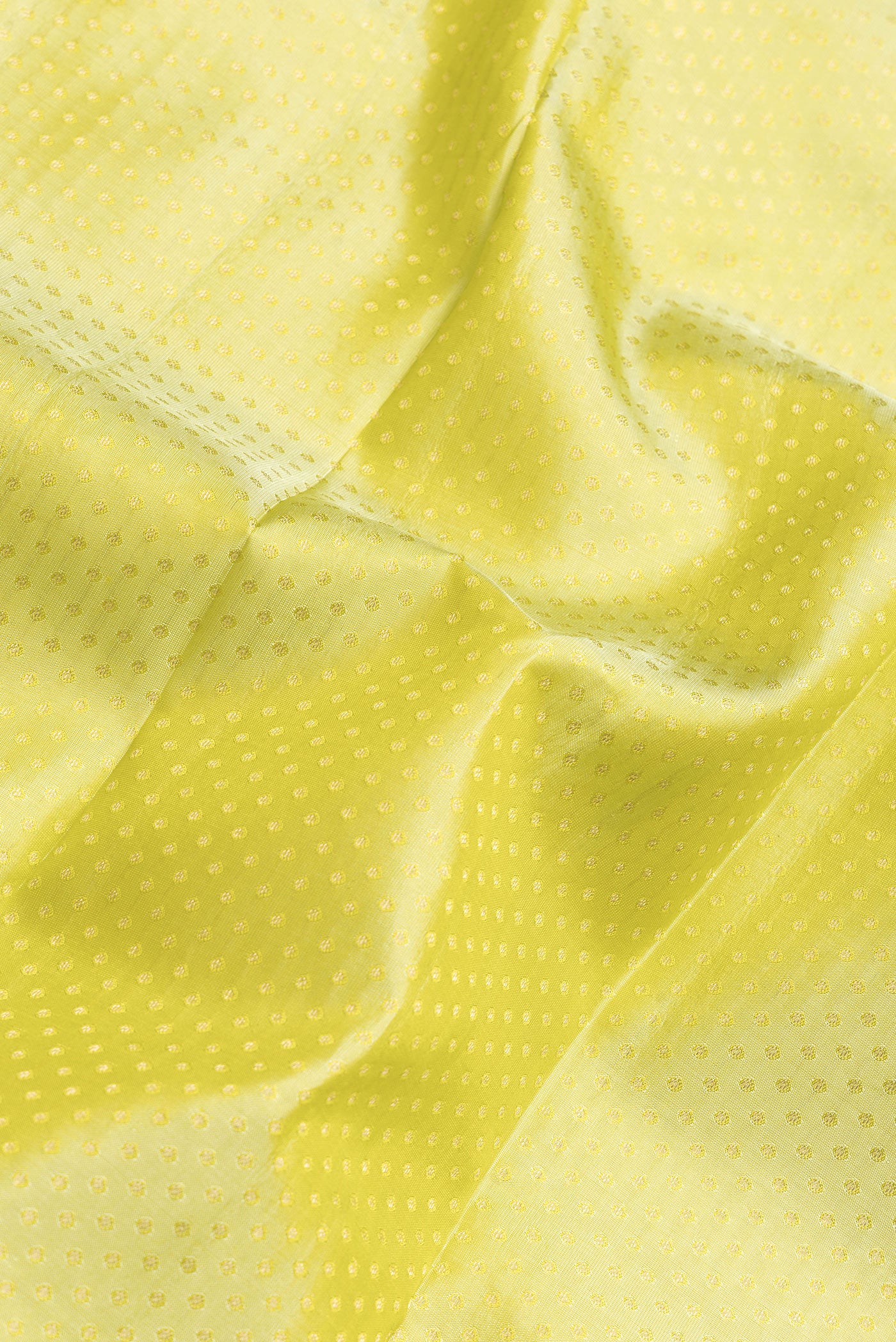 Close up of Pista Green Dual Tone Kanchipuram Silk Saree with Zari Butta on the body and Zari Border.  displaying folds