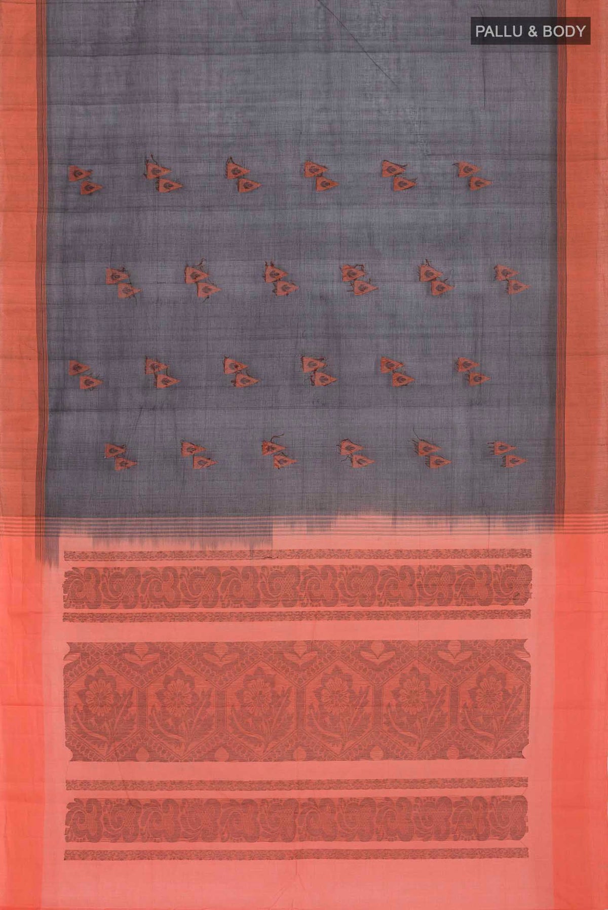 Flat view of Black Kanchi Cotton Saree with Thread Butta on the body and Plain Border
