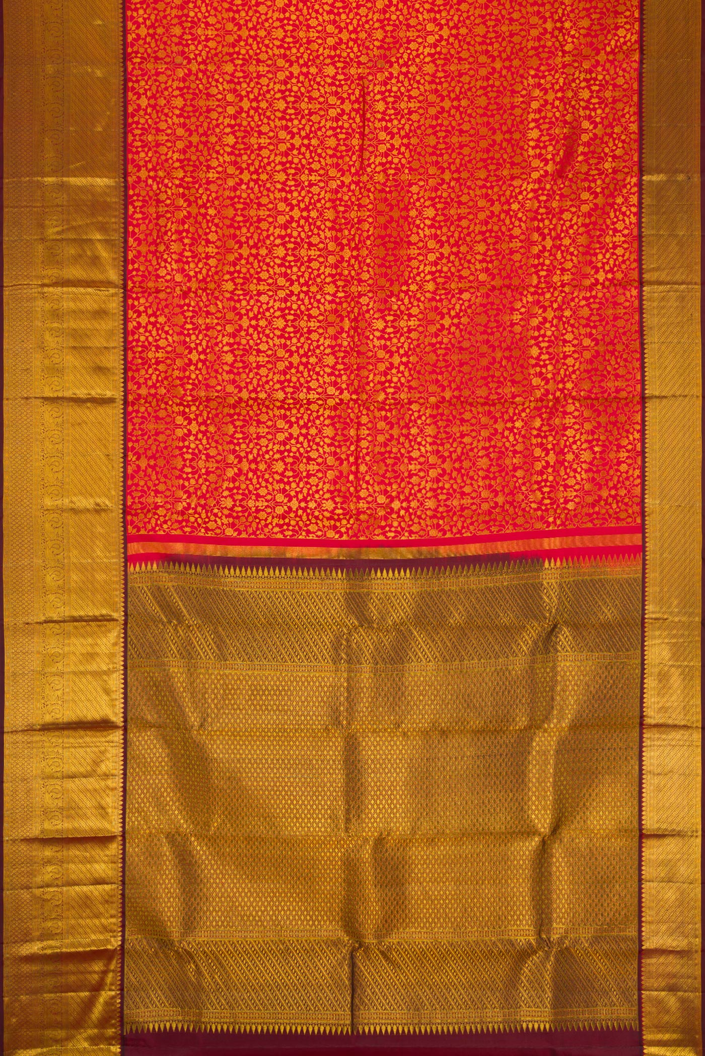Flat view of Dark Pink Dual Tone Kanchipuram Silk Saree with Zari Brocade on the body and Zari Border. 