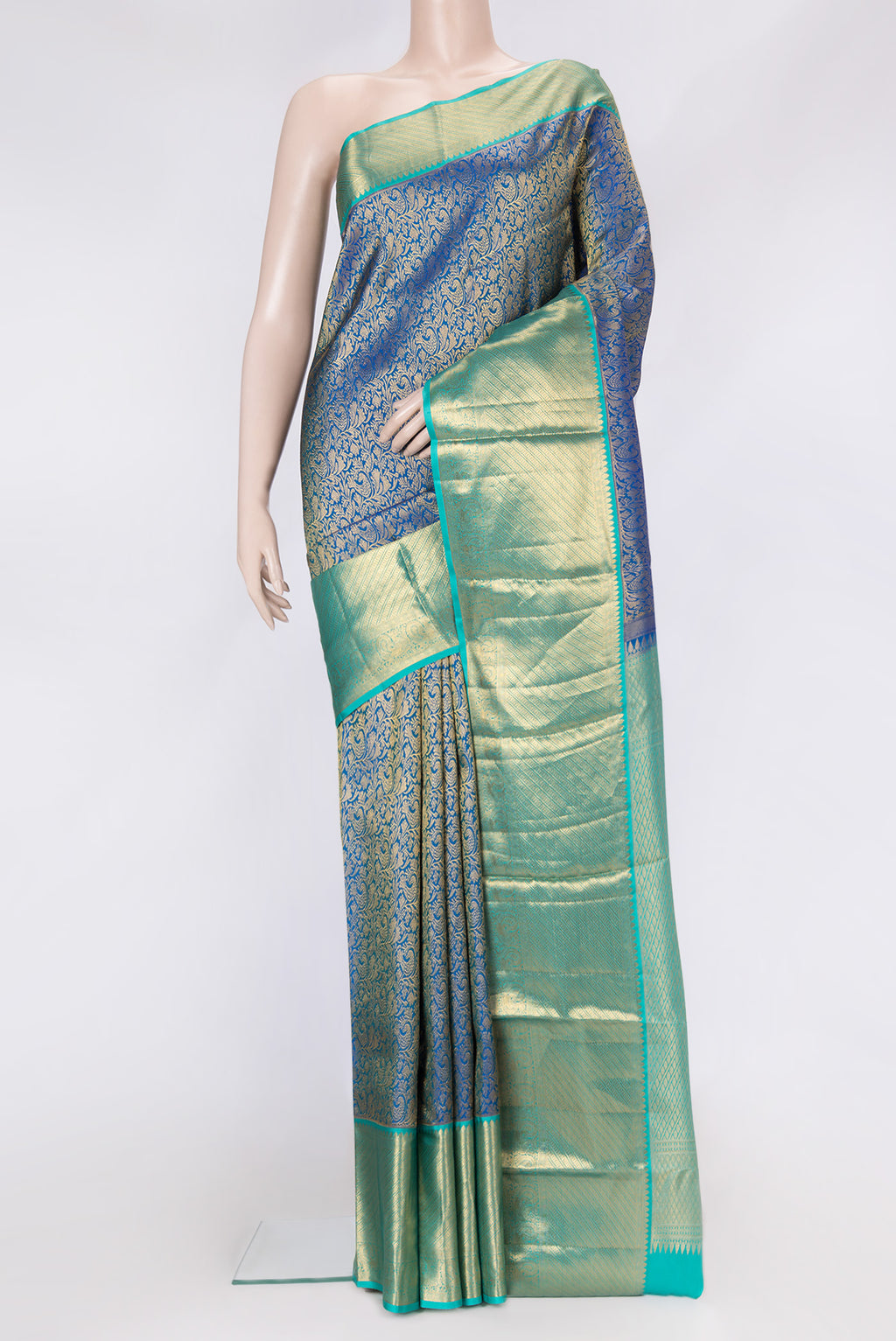 Royal Blue Dual Tone Kanchipuram Silk Saree with Zari Brocade on the body and Zari Border.  displayed on a mannequin