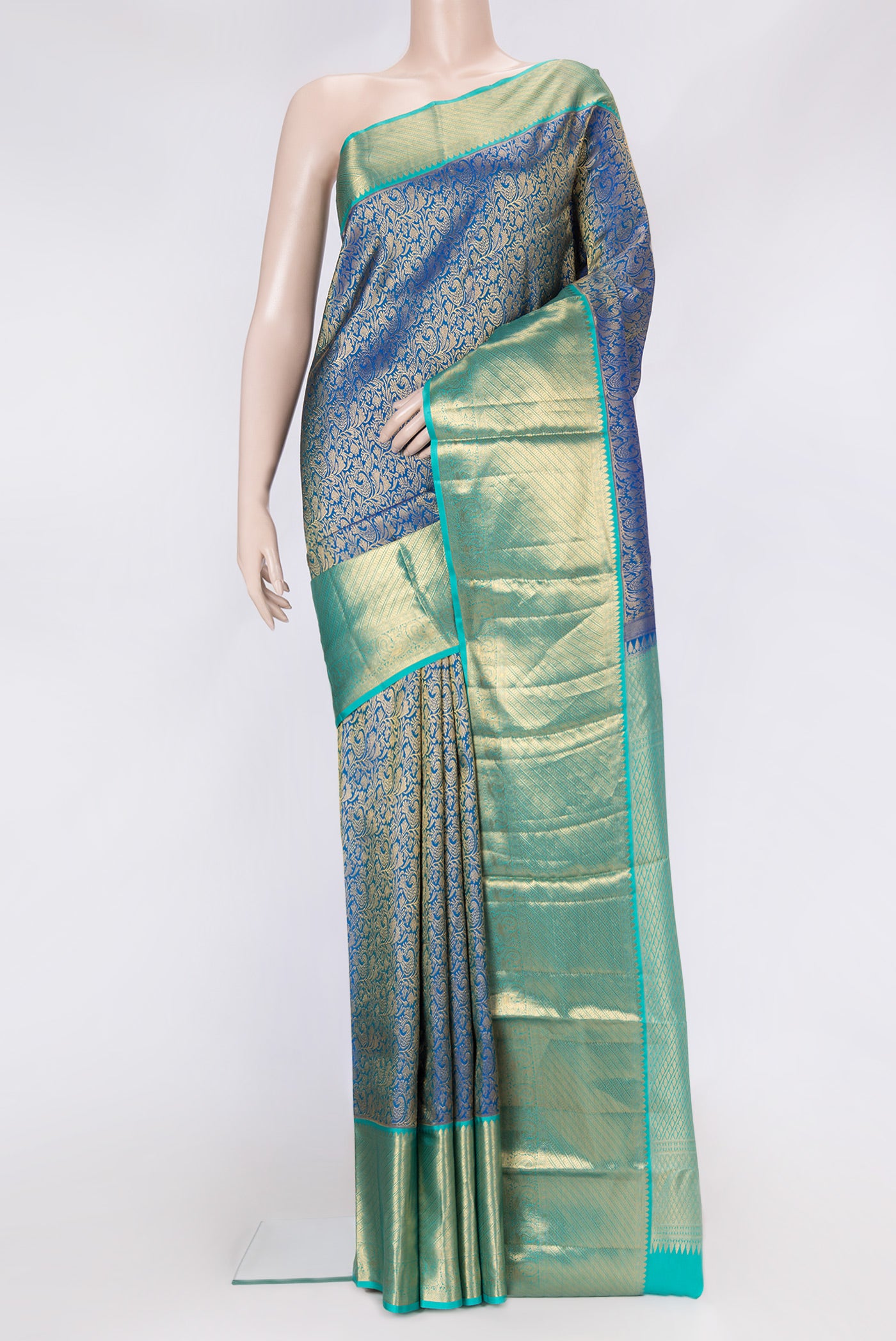 Royal Blue Dual Tone Kanchipuram Silk Saree with Zari Brocade on the body and Zari Border.  displayed on a mannequin