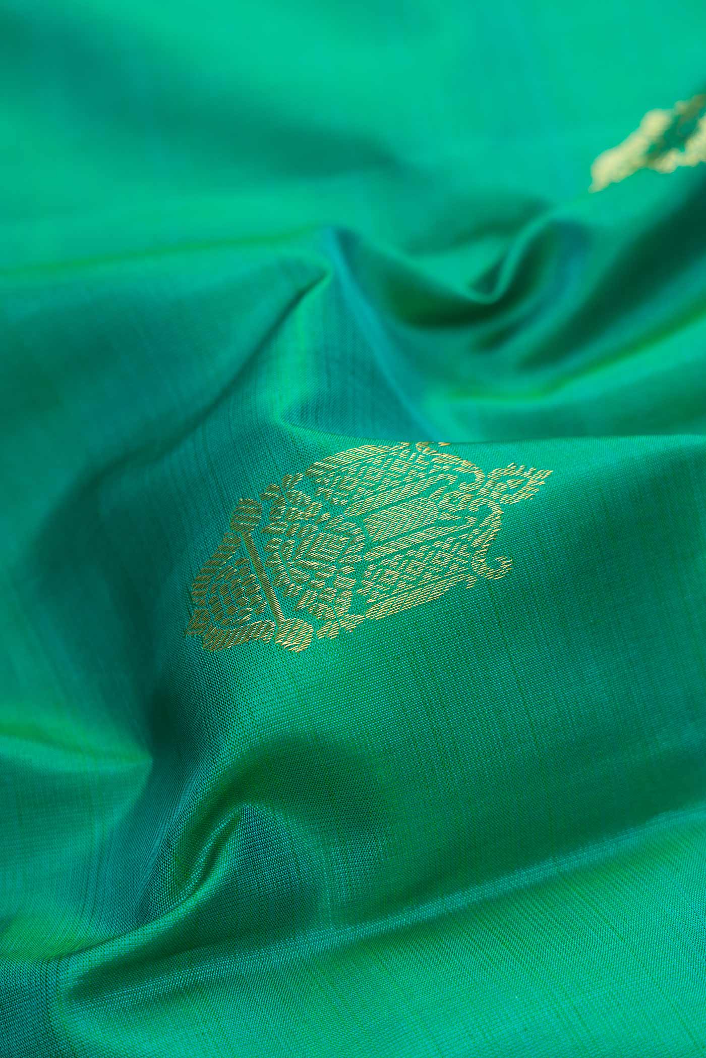 Close up of Sea Green Dual Tone Kanchipuram Silk Saree with Zari Butta on the body and Zari Border.  displaying folds