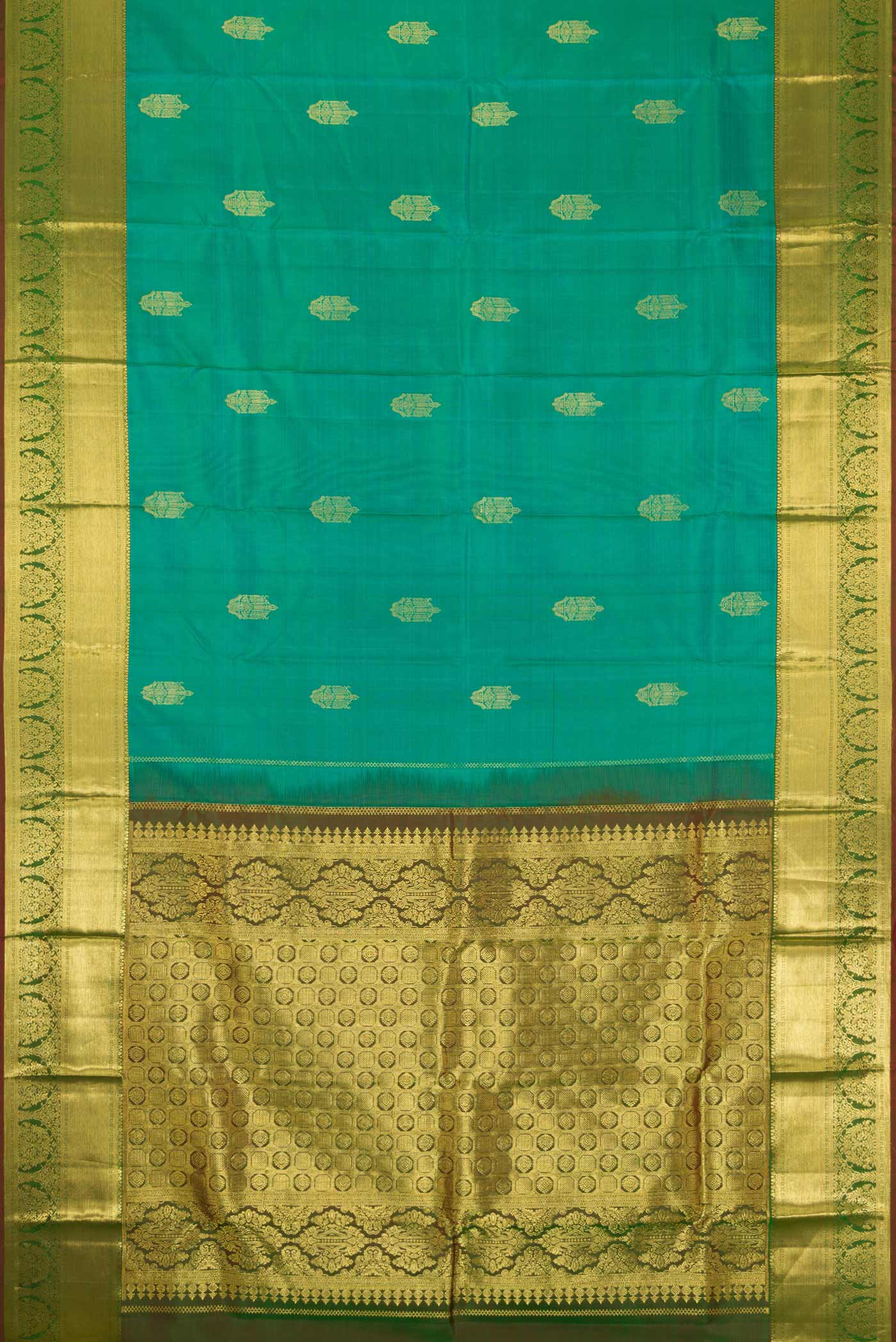 Flat view of Sea Green Dual Tone Kanchipuram Silk Saree with Zari Butta on the body and Zari Border. 