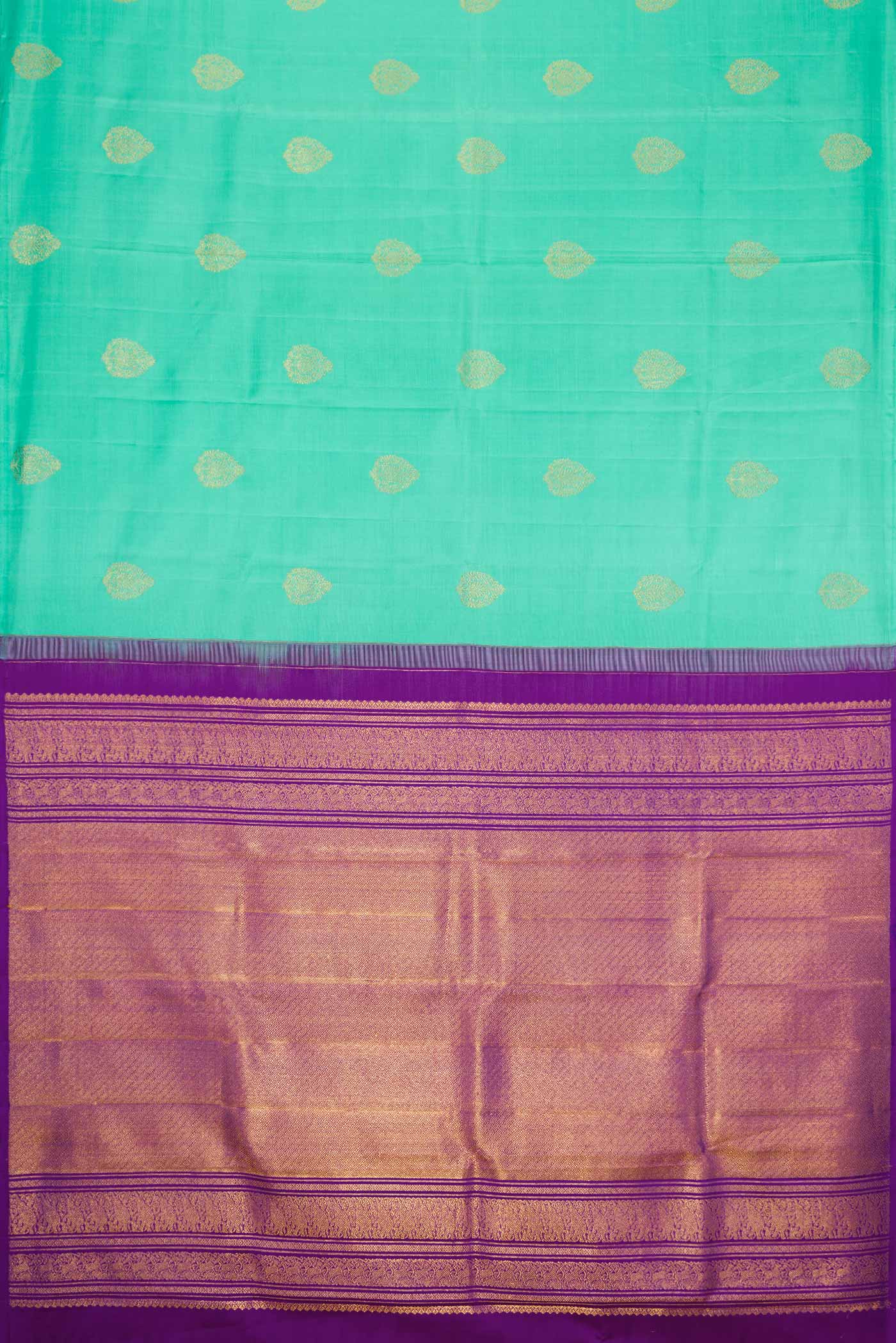 Flat view of Sea Green Dual Tone Kanchipuram Silk Saree with Zari Butta on the body and Without Border. 