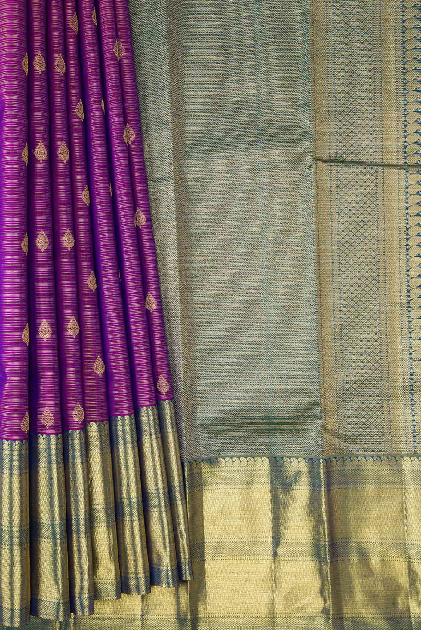 Pleats and pallu of Purple Dual Tone Kanchipuram Silk Saree with Zari Butta on the body and Zari Border