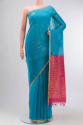 Blue Silk Cotton Saree with Zari Butta on the body and Zari Border displayed on a mannequin
