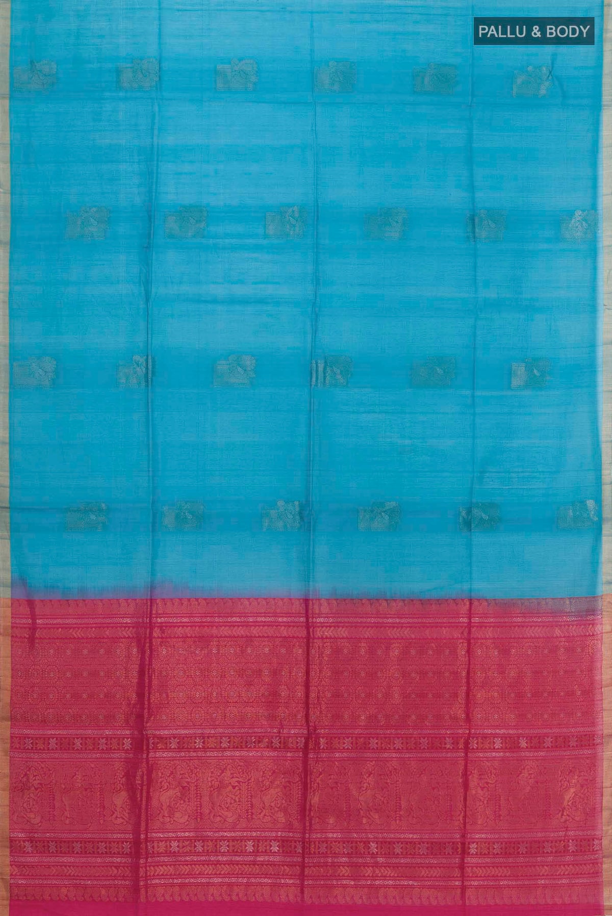 Flat view of Blue Silk Cotton Saree with Zari Butta on the body and Zari Border
