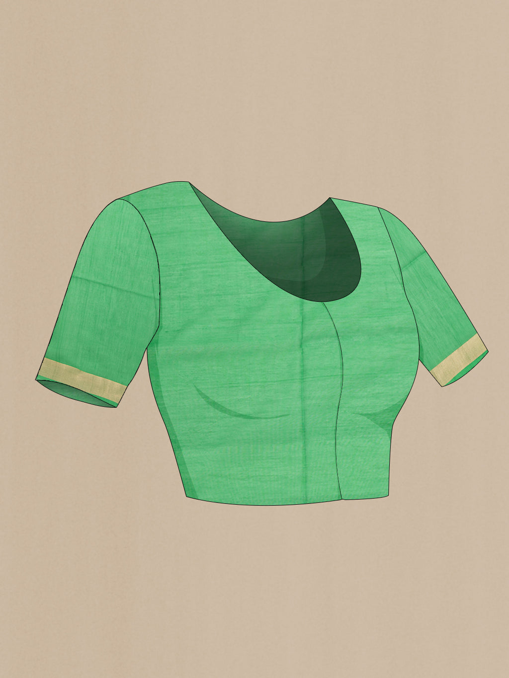 Close up image of the blouse of Green Silk Cotton Saree with Zari Butta on the body and Zari Border. 