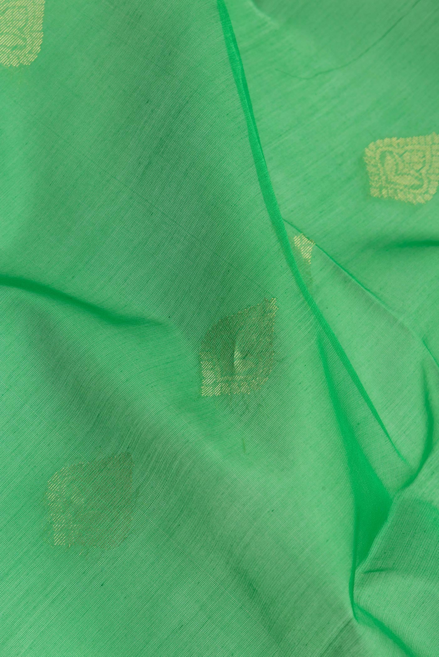 Close up of Green Silk Cotton Saree with Zari Butta on the body and Zari Border.  displaying folds