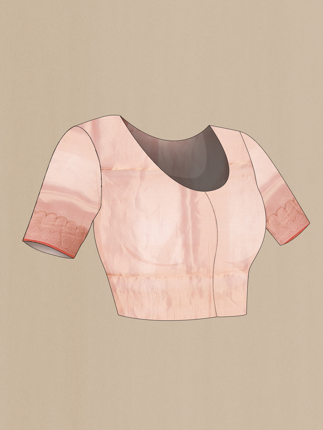 Close up image of the blouse of Coral Dual Tone Organza Silk Saree with Zari Brocade on the body and Zari Border. 