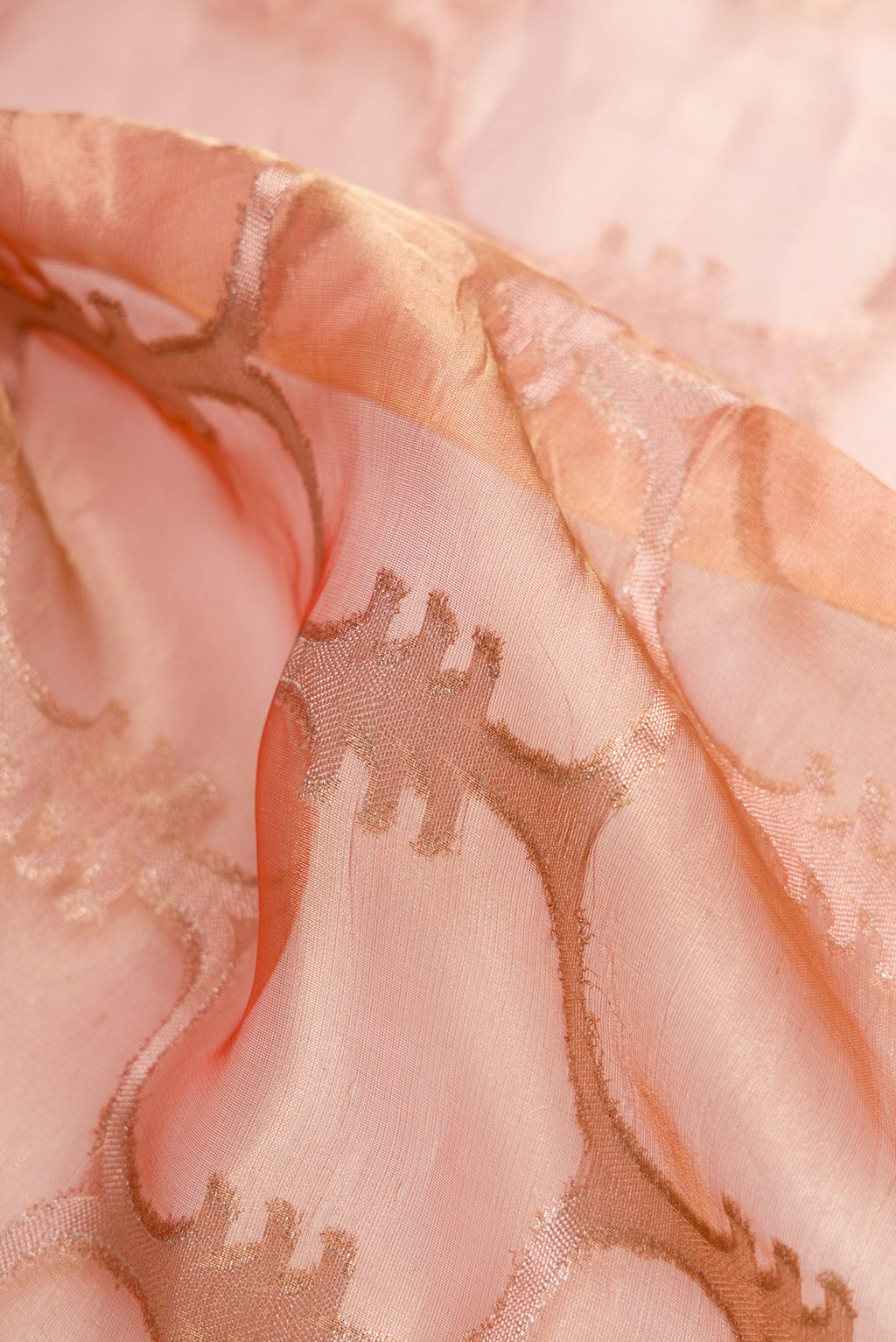 Close up of Coral Dual Tone Organza Silk Saree with Zari Brocade on the body and Zari Border.  displaying folds