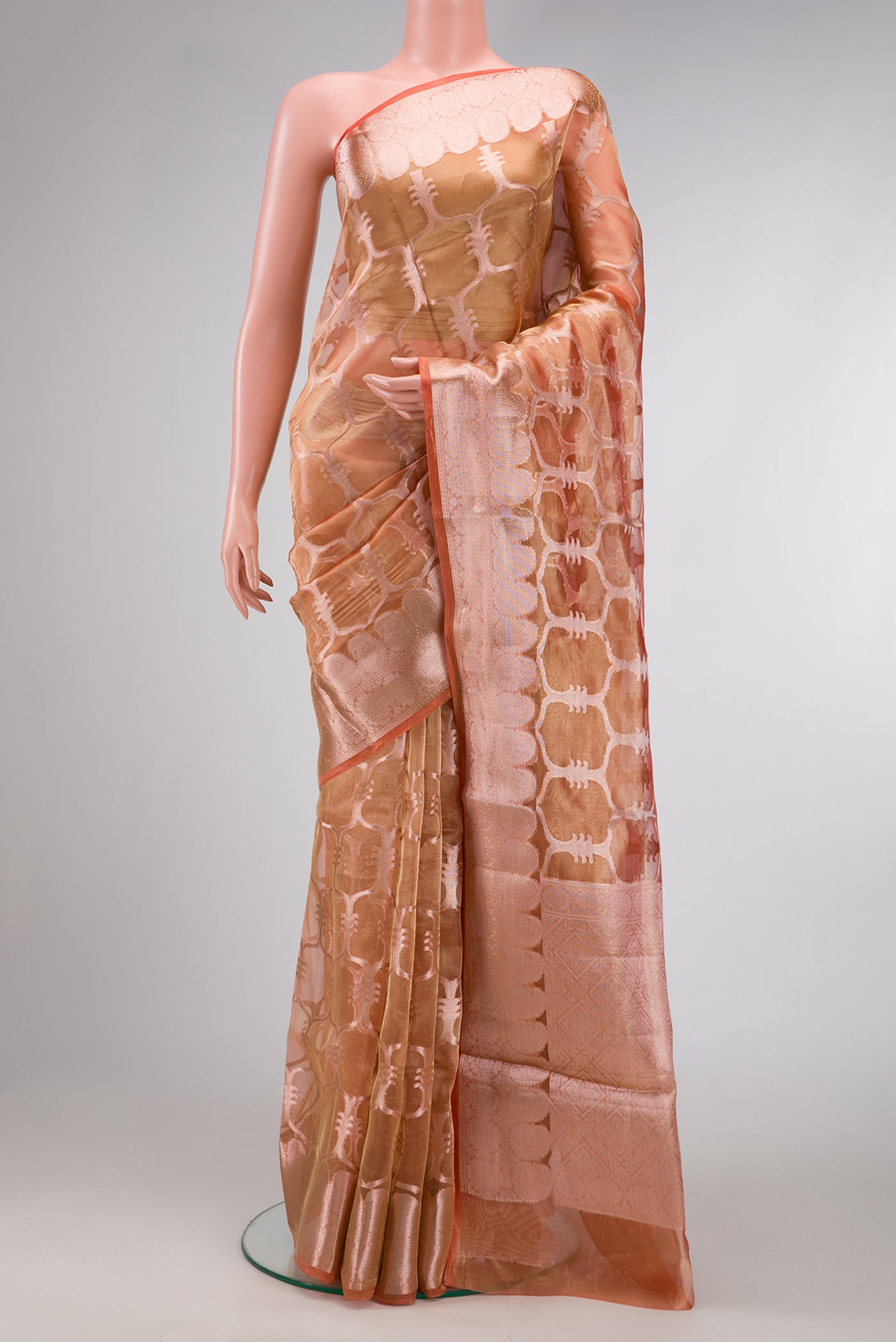 Coral Dual Tone Organza Silk Saree with Zari Brocade on the body and Zari Border.  displayed on a mannequin