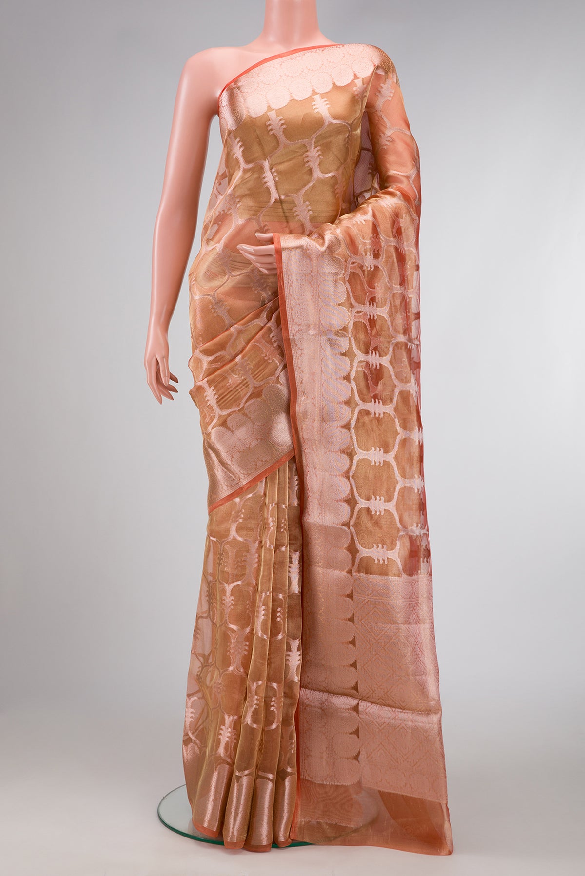 Coral Dual Tone Organza Silk Saree with Zari Brocade on the body and Zari Border.  displayed on a mannequin