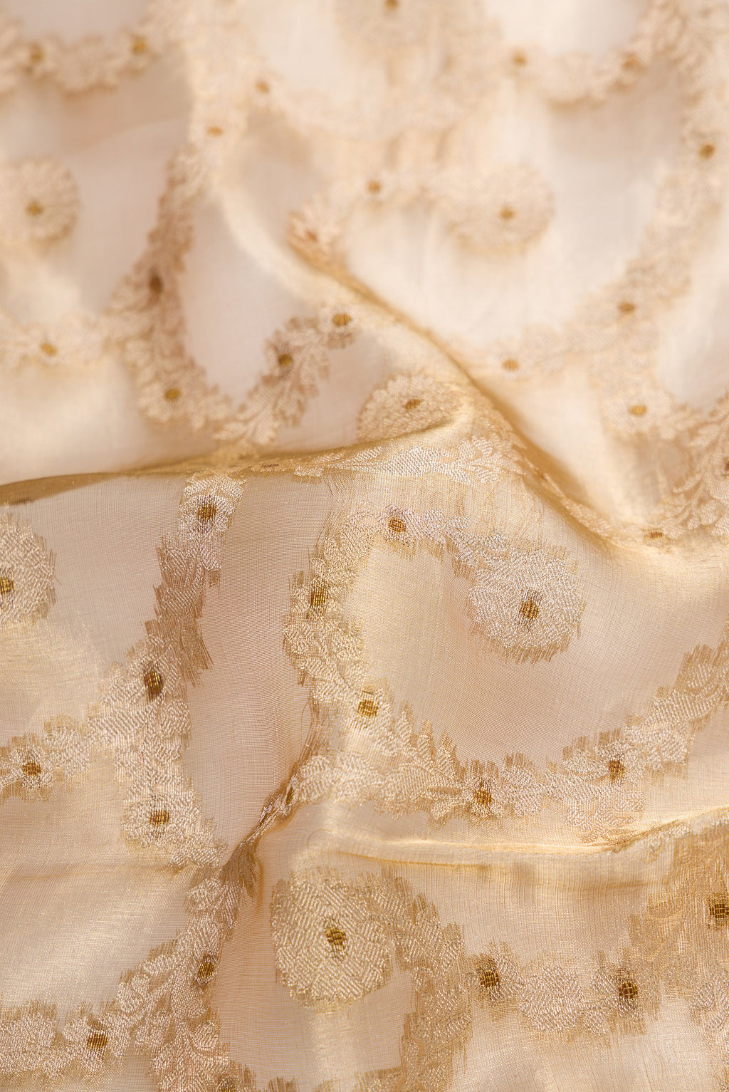 Close up of Mustard Dual Tone Organza Silk Saree with Zari Brocade on the body and Zari Border.  displaying folds