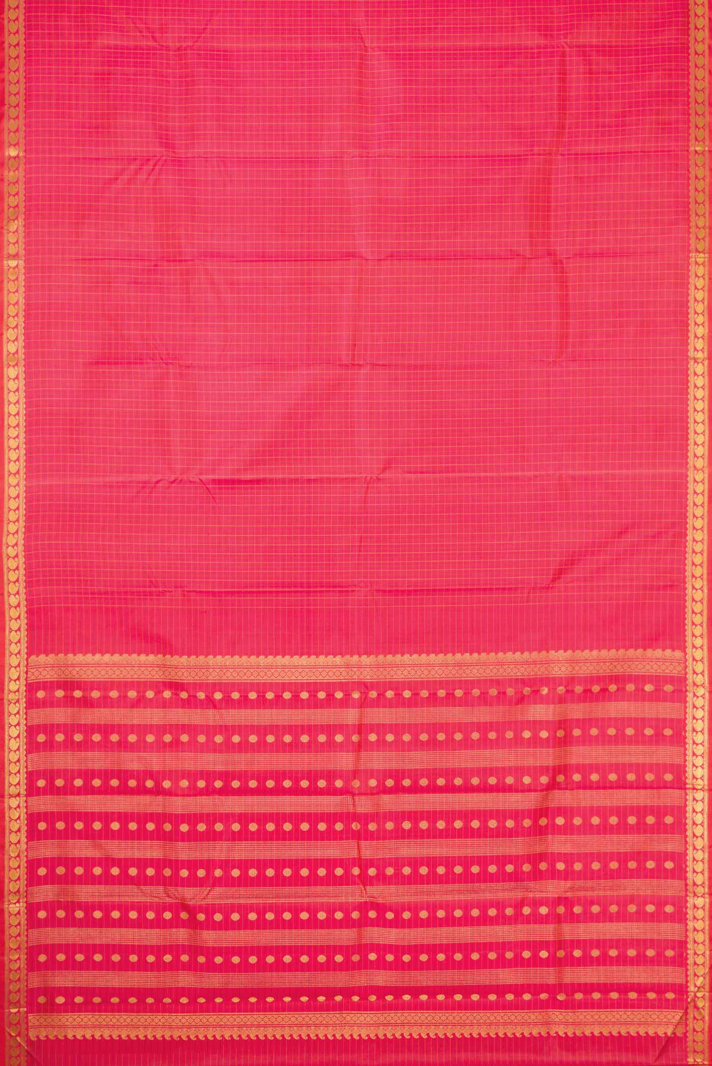Flat view of Coral Dual Tone Kanchipuram Silk Saree with Checked design on the body and Zari Border