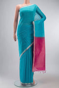 Blue Silk Cotton Saree with Zari Butta on the body and Zari Border displayed on a mannequin