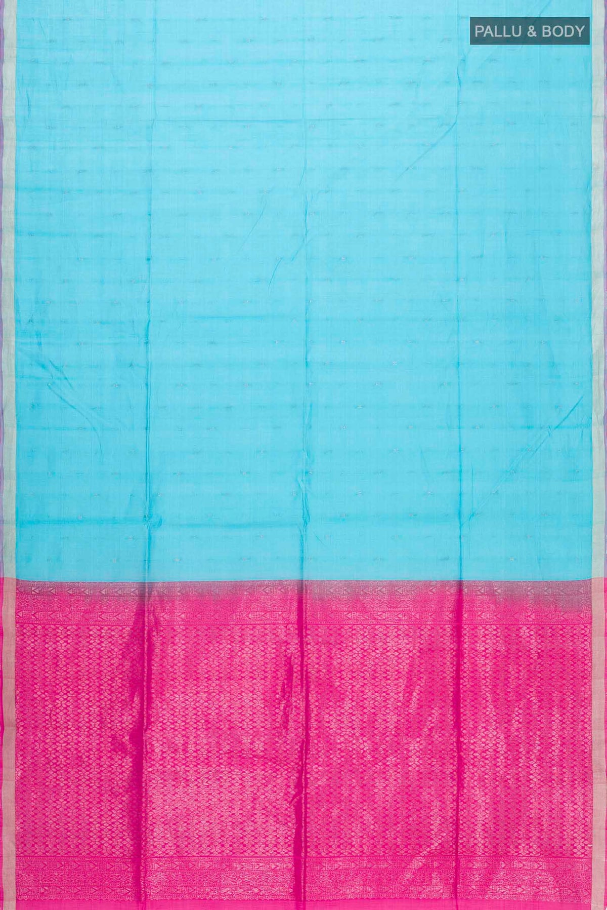 Flat view of Blue Silk Cotton Saree with Zari Butta on the body and Zari Border