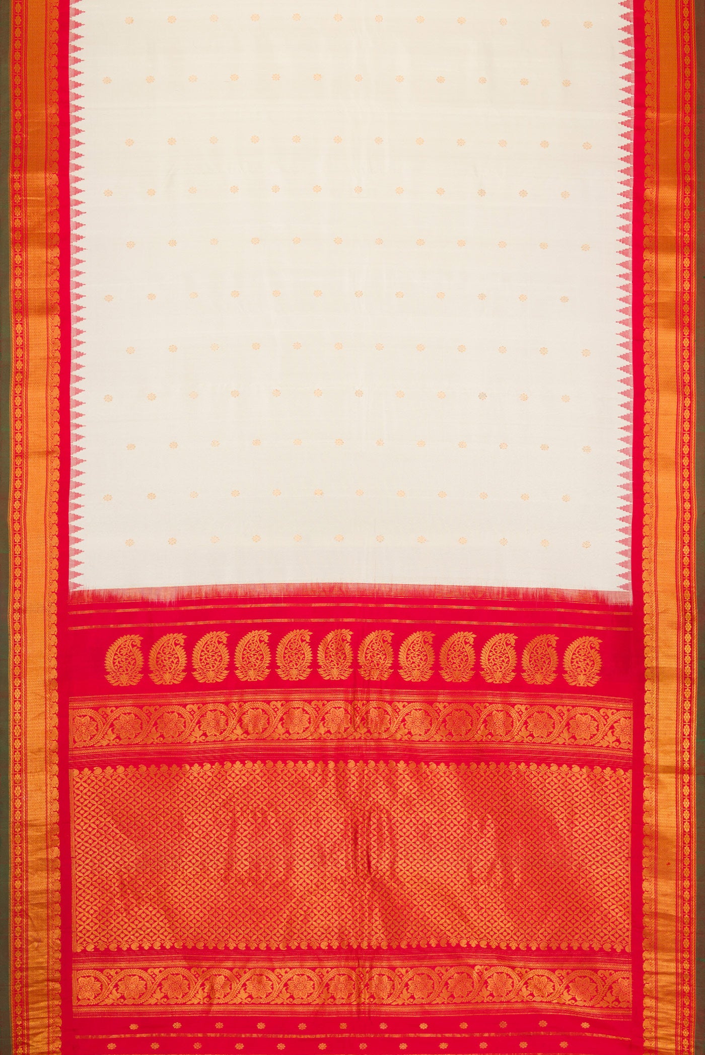 Flat view of Off White Dual Tone Gadwal Silk Saree with Zari Butta on the body and Zari Border. 