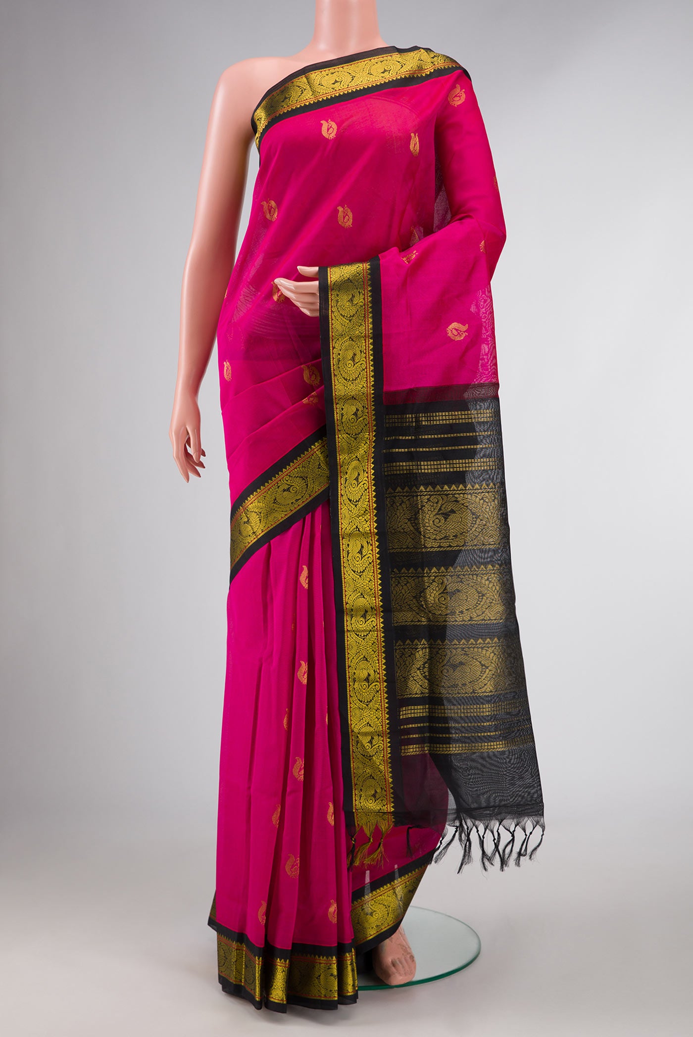 Dark Pink Dual Tone Silk Cotton Saree with Zari Butta on the body and Zari Border displayed on a mannequin