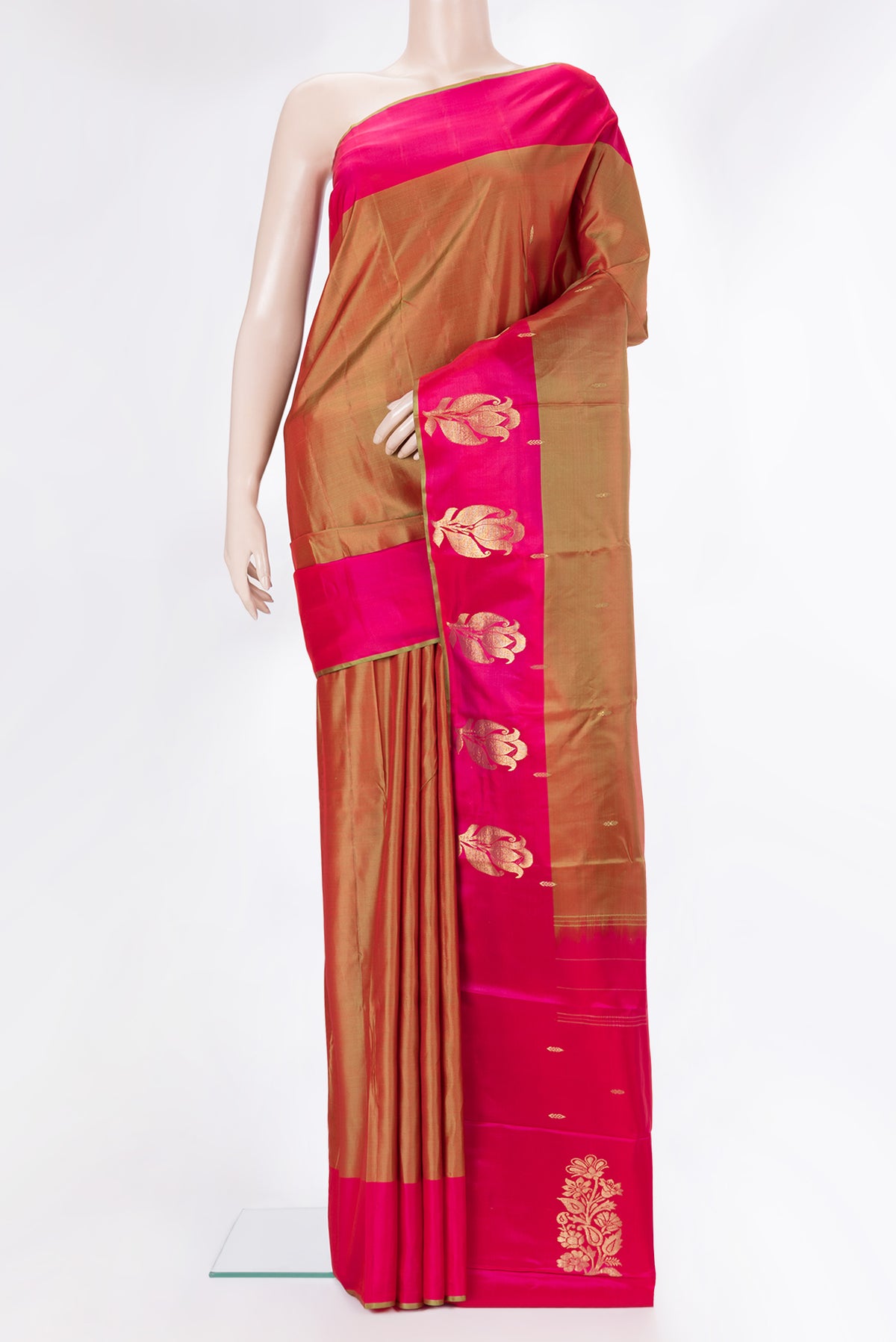 Pure Silk Mustard Dual Tone Kanjivaram Saree with Zari Butta on the body and Fancy Border.  displayed on a mannequin