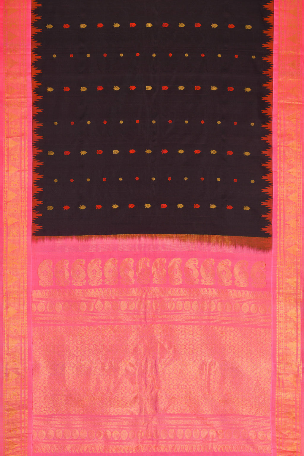 Flat view of Black Dual Tone Gadwal Silk Saree with Zari And Thread Butta on the body and Zari Border. 