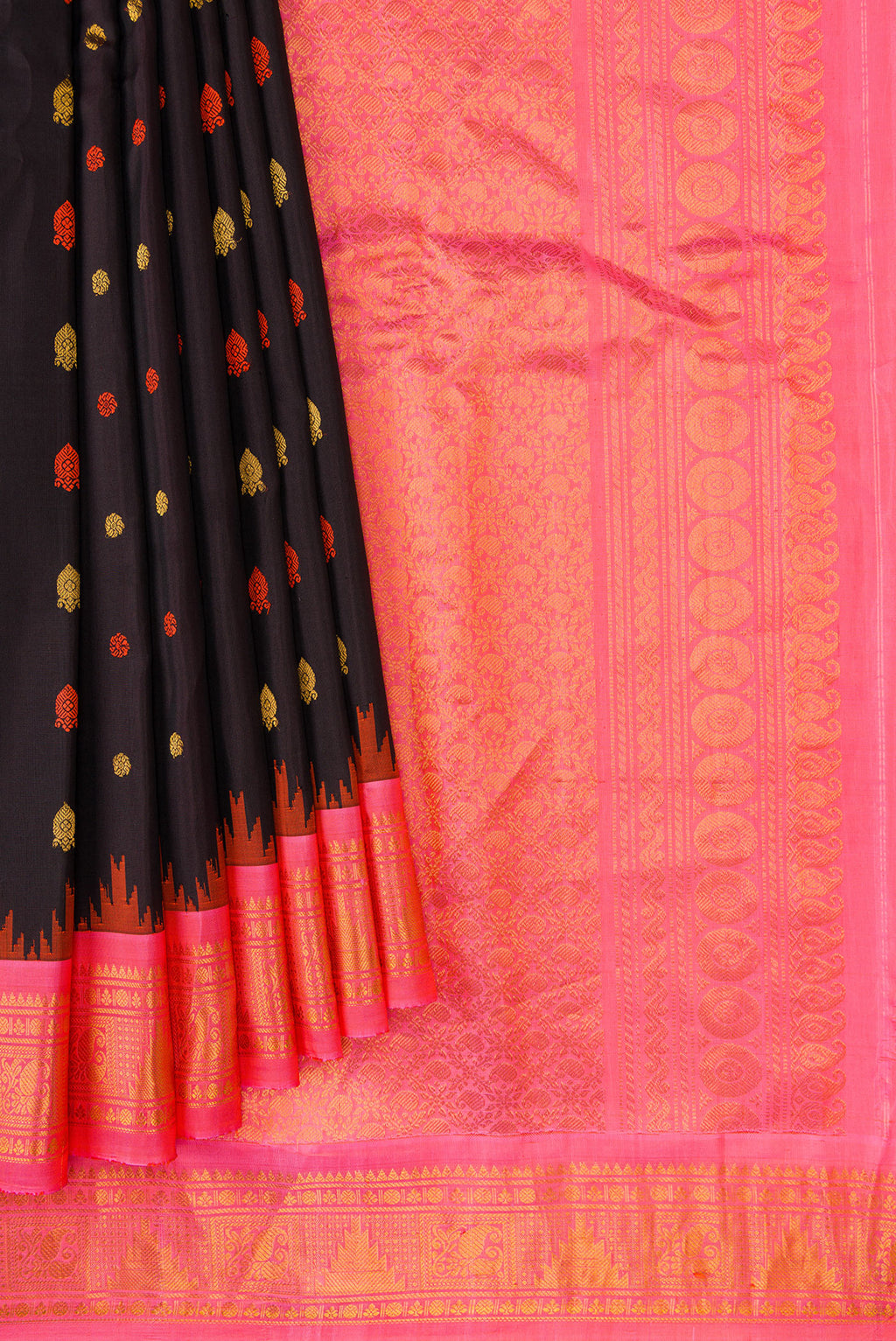Pleats and pallu of Black Dual Tone Gadwal Silk Saree with Zari And Thread Butta on the body and Zari Border. 