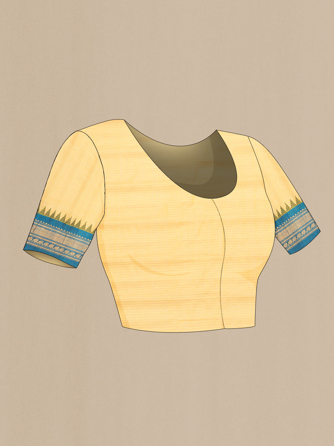 Close up image of the blouse of Sandal Dual Tone Gadwal Silk Cotton Saree with Checked design on the body and Zari Border. 