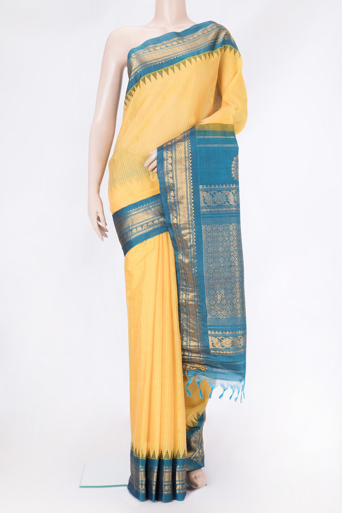 Sandal Dual Tone Gadwal Silk Cotton Saree with Checked design on the body and Zari Border.  displayed on a mannequin