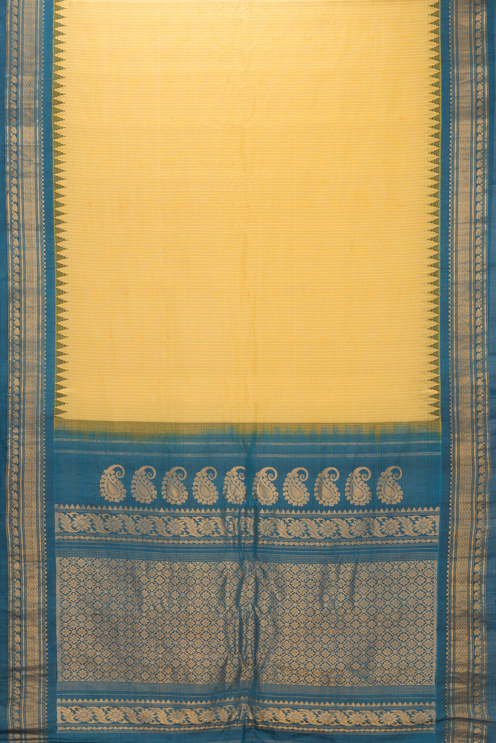 Flat view of Sandal Dual Tone Gadwal Silk Cotton Saree with Checked design on the body and Zari Border. 