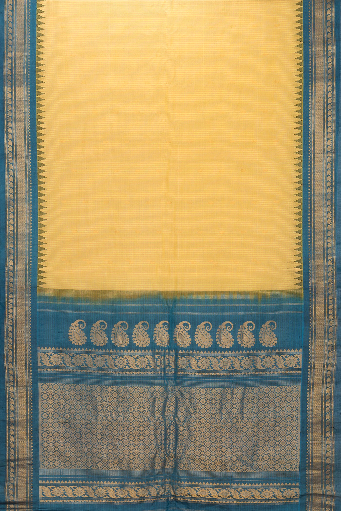 Flat view of Sandal Dual Tone Gadwal Silk Cotton Saree with Checked design on the body and Zari Border. 