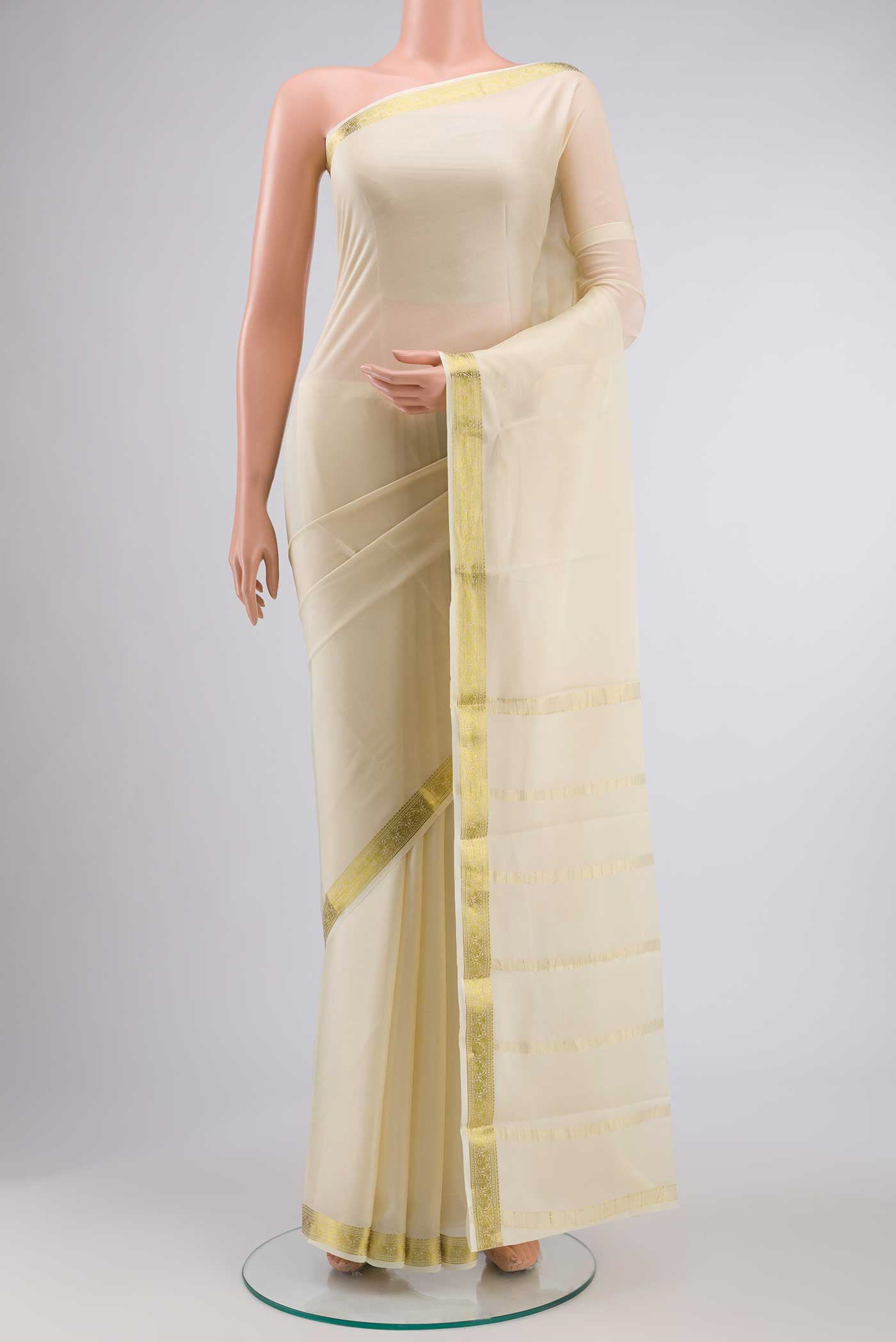 Cream Mysore Crepe Saree with Plain Body and Zari Border displayed on a mannequin