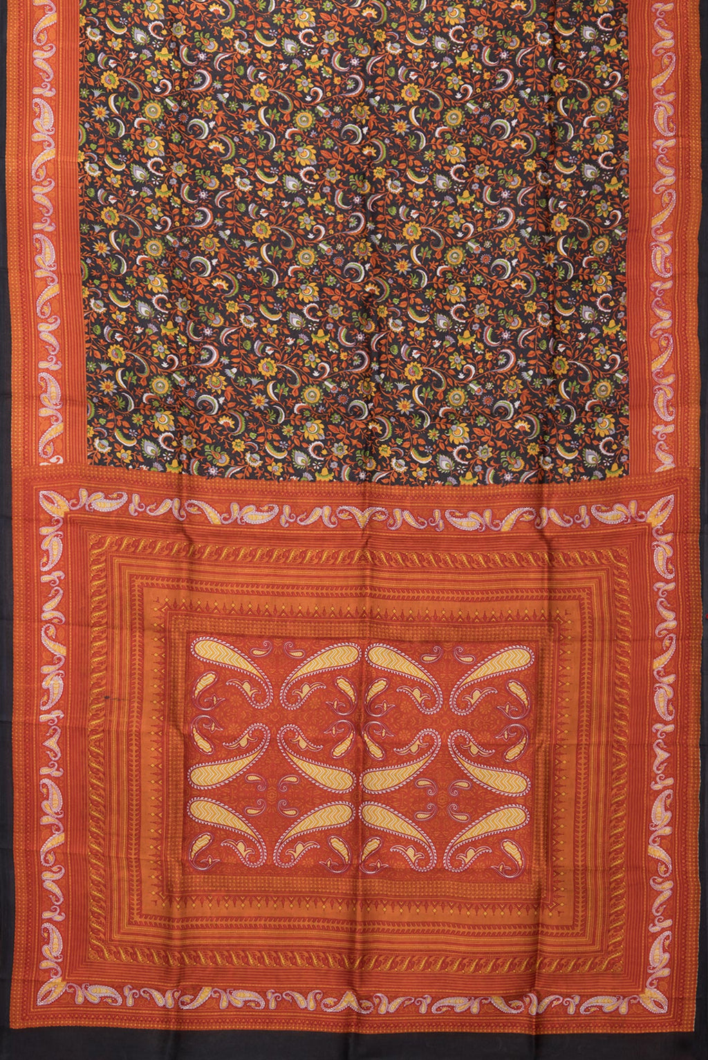Flat view of Black Printed Silk Saree with Printed design on the body and Printed Border. 
