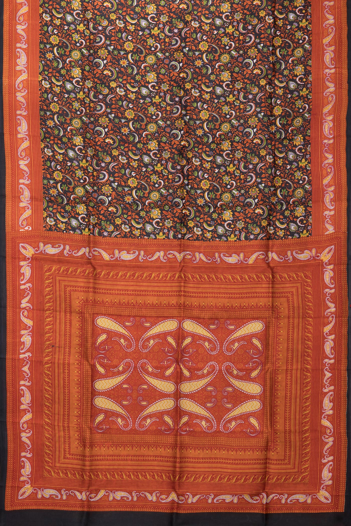 Flat view of Black Printed Silk Saree with Printed design on the body and Printed Border. 
