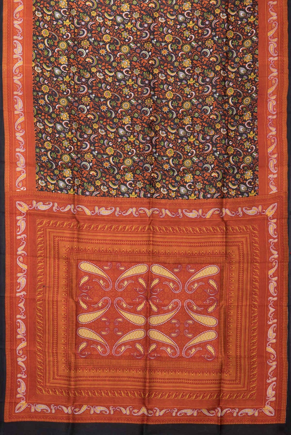 Flat view of Black Printed Silk Saree with Printed design on the body and Printed Border. 