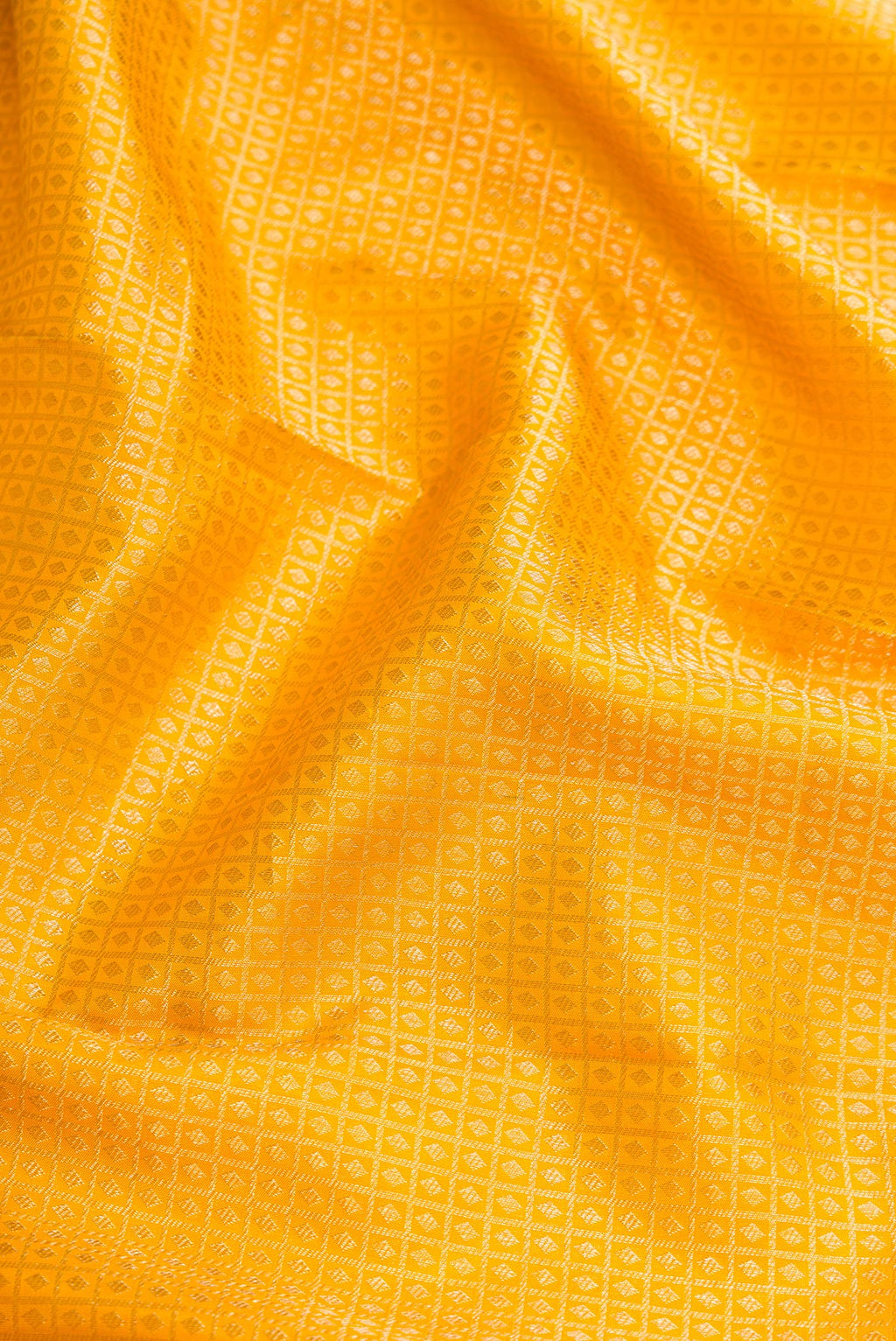 Close up of Mustard Dual Tone Kanjivaram Silk Saree with Zari Brocade on the body and Zari Border.  displaying folds