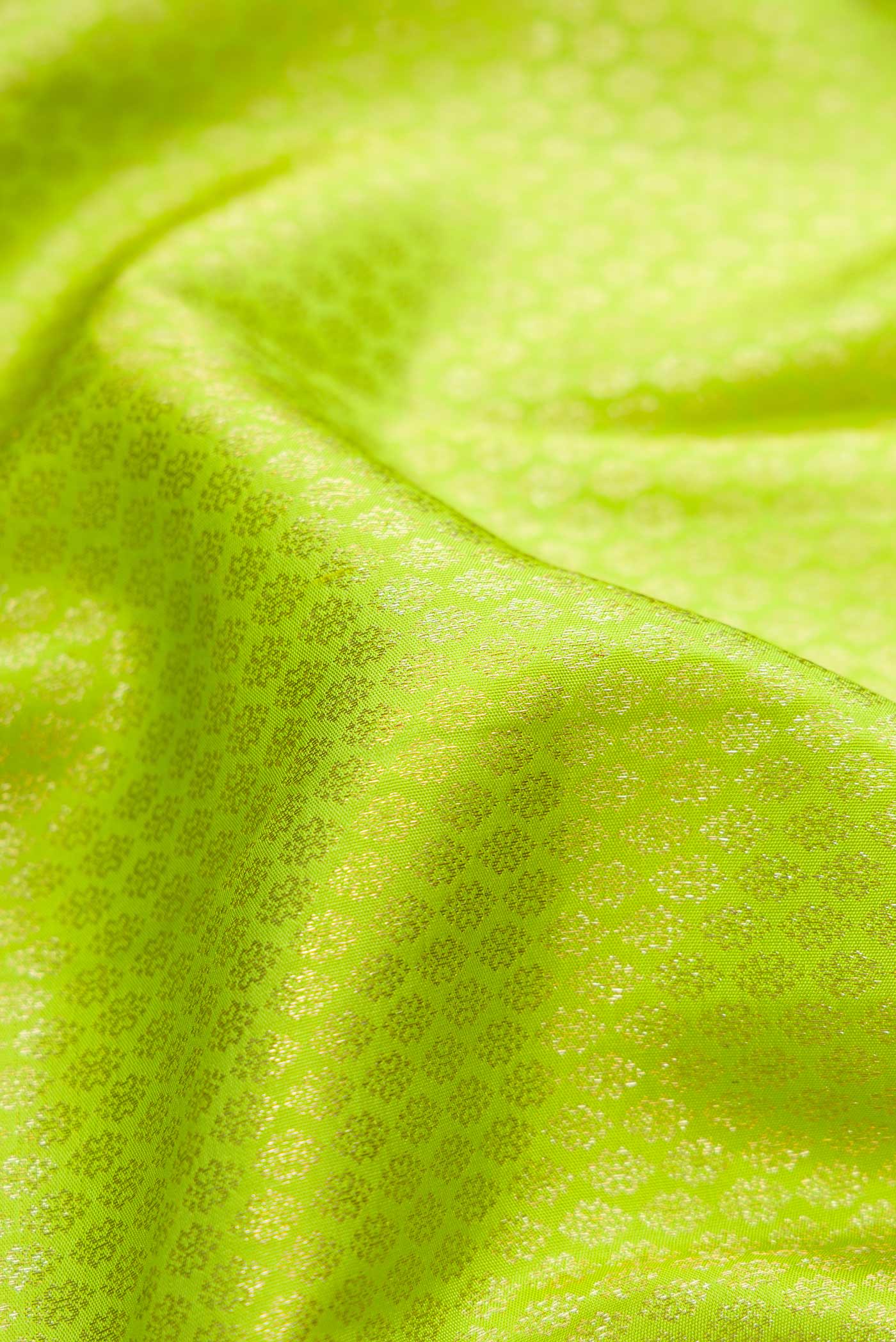 Close up of Green Dual Tone Kanchipuram Silk Saree with Zari Brocade on the body and Zari Border.  displaying folds