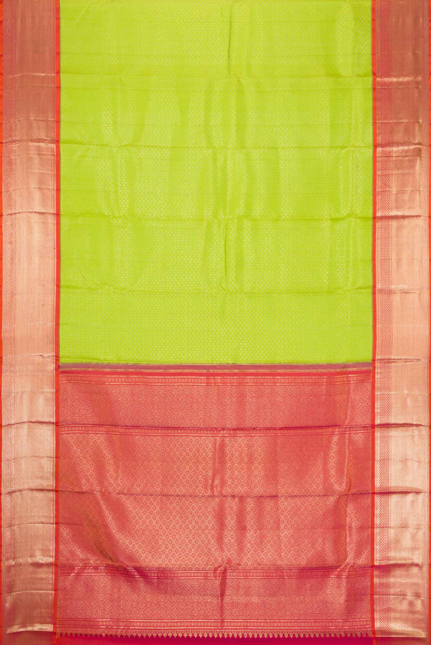 Flat view of Green Dual Tone Kanchipuram Silk Saree with Zari Brocade on the body and Zari Border. 
