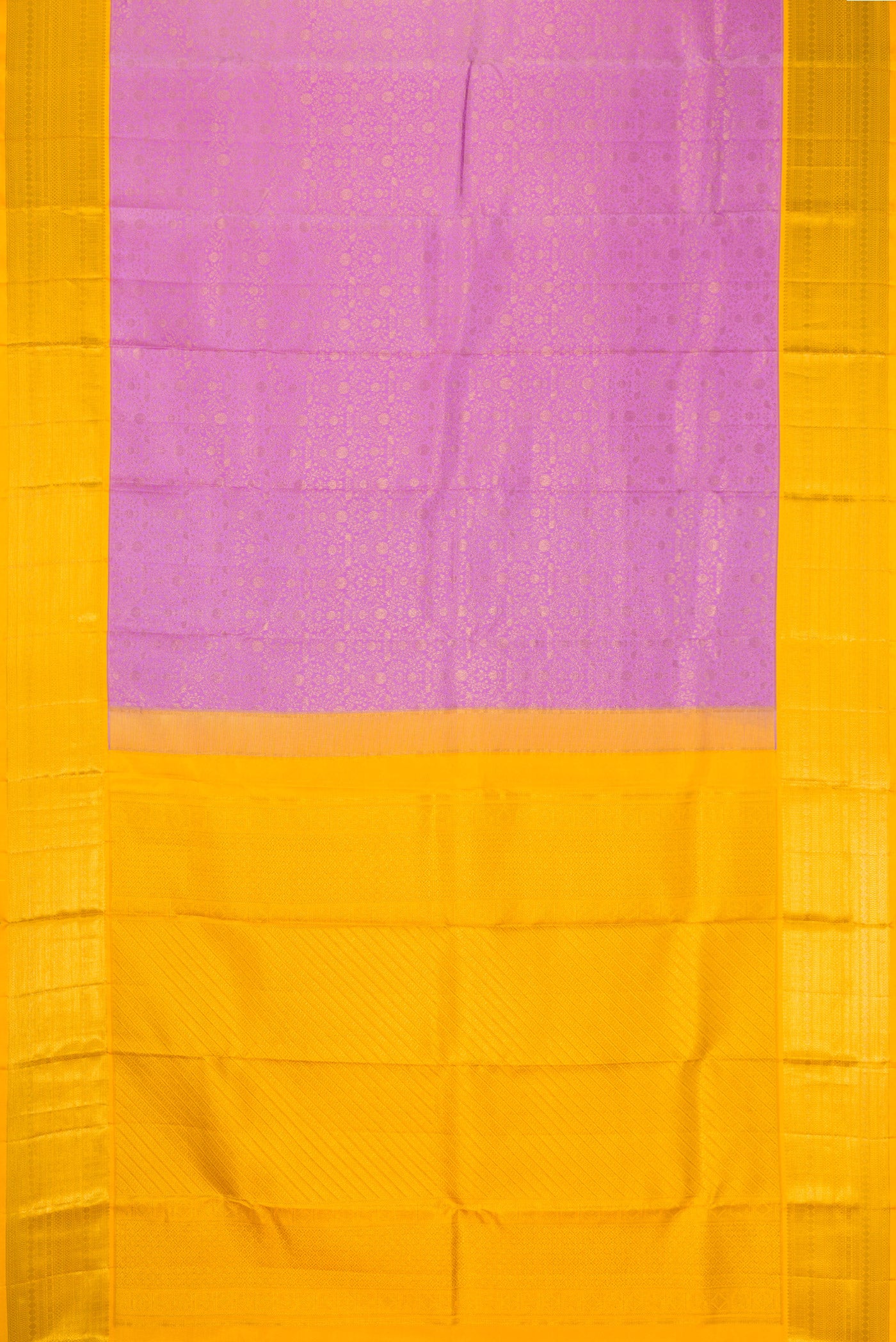 Flat view of Lavender Dual Tone Kanchipuram Silk Saree with Zari Brocade on the body and Zari Border. 