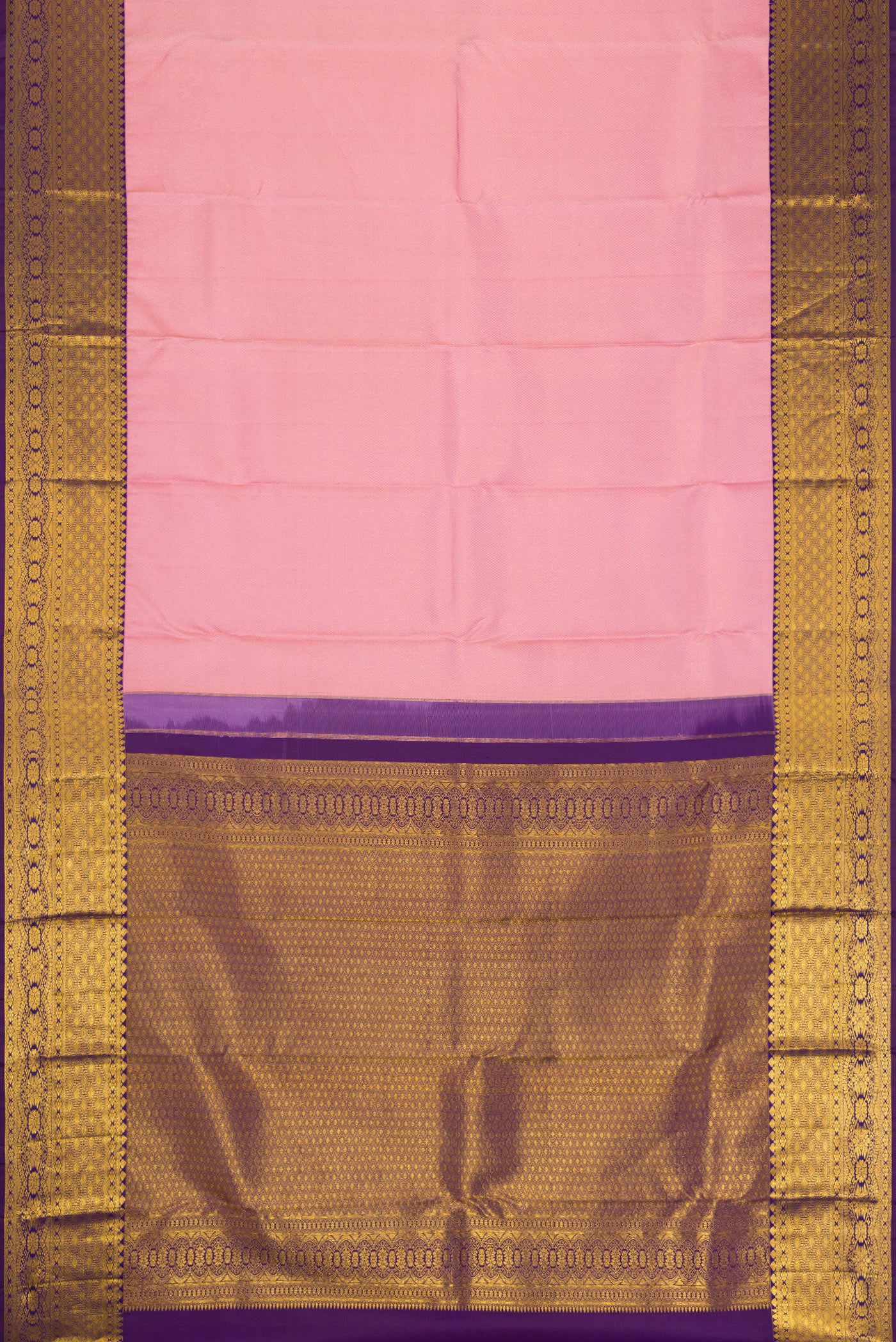 Flat view of Pink Dual Tone Kanchipuram Silk Saree with Zari Brocade on the body and Zari Border. 