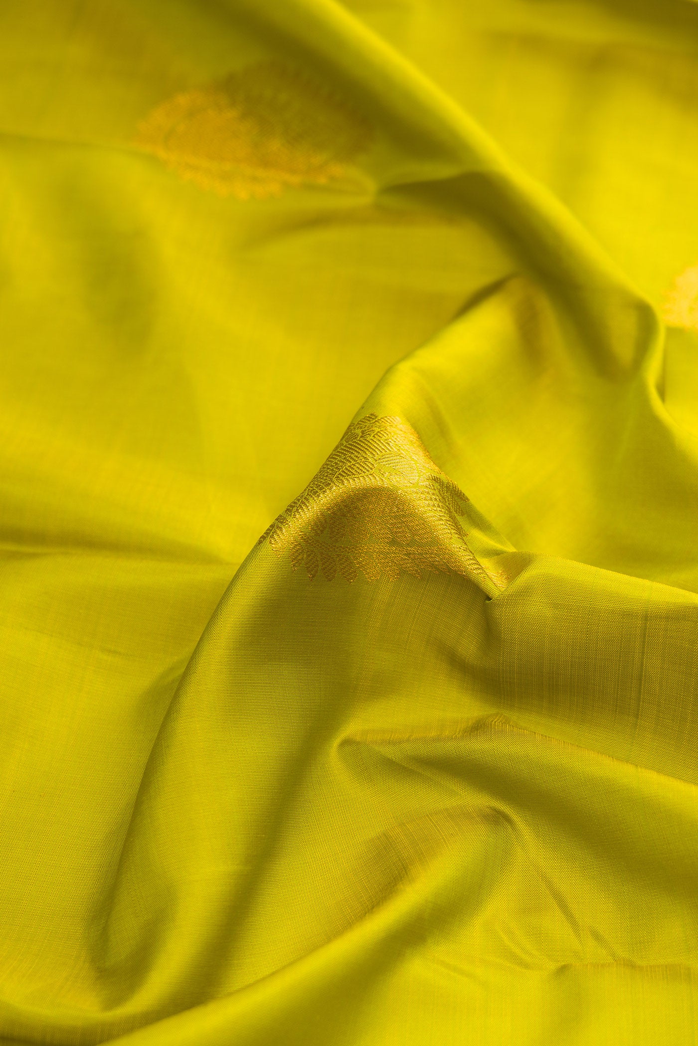 Close up of Green Dual Tone Kanjivaram Silk Saree with Zari Butta on the body and Zari Border.  displaying folds