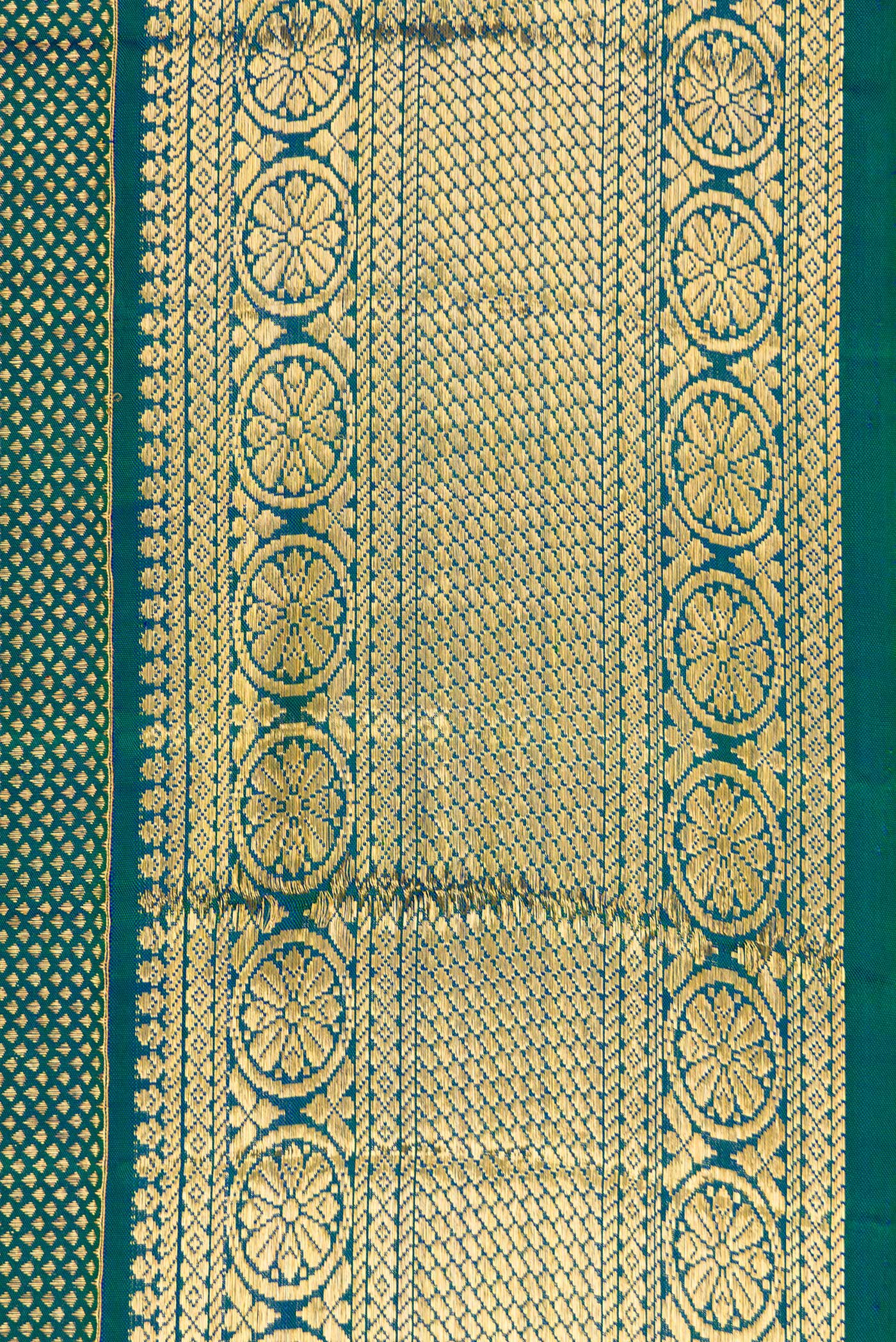 Border image of Peacock Blue Dual Tone Kanjivaram Silk Saree with Zari Brocade on the body and Zari Border. 