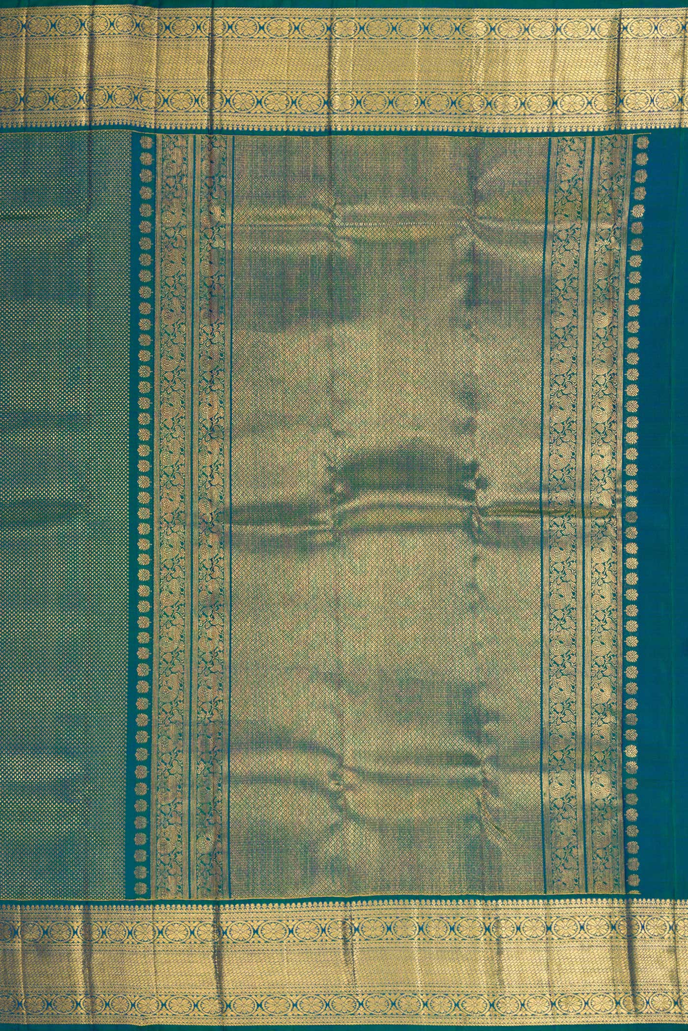 Close up image of the pallu of Peacock Blue Dual Tone Kanjivaram Silk Saree with Zari Brocade on the body and Zari Border. 