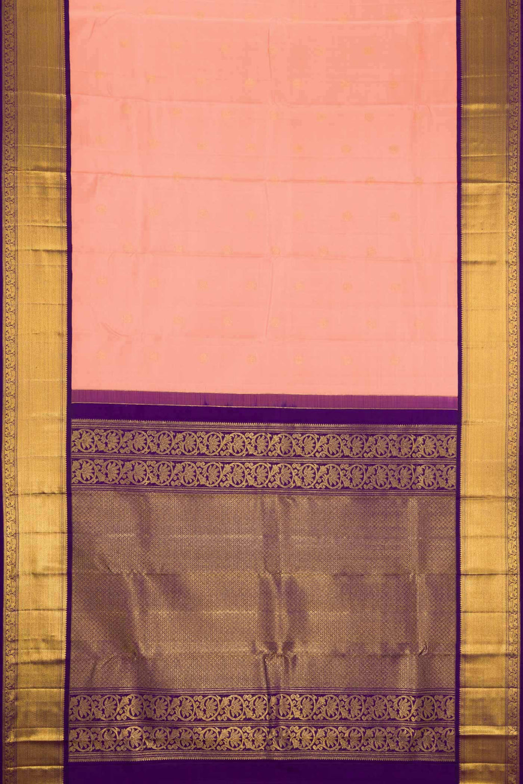 Flat view of Peach Dual Tone Kanchipuram Silk Saree with Zari Butta on the body and Zari Border. 