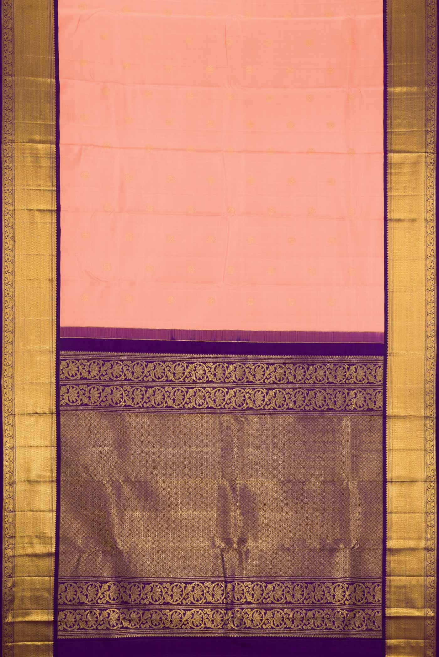 Flat view of Peach Dual Tone Kanchipuram Silk Saree with Zari Butta on the body and Zari Border. 